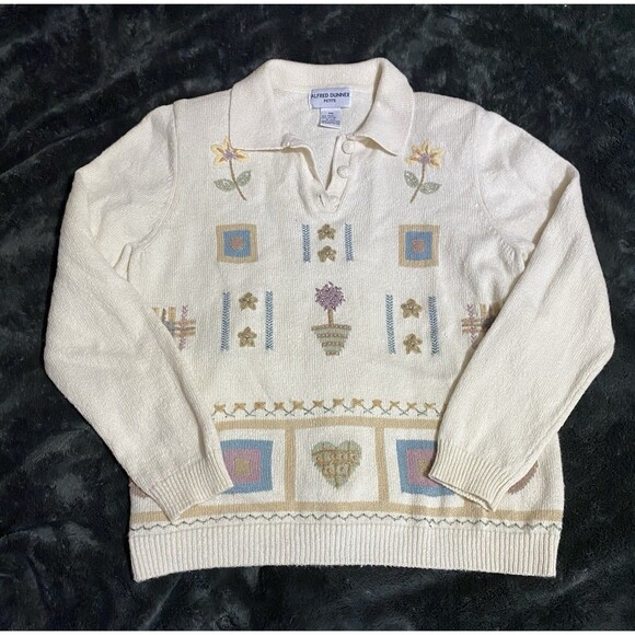 Alfred Dunner Petite PM Sweater Vintage Embroidered Floral Beaded White Cotton - Picture 2 of 13